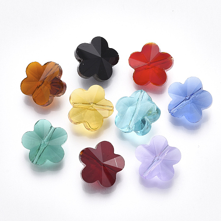 Honeyhandy Transparent Glass Beads, Faceted, Flower, Mixed Color, 13x13.5x8mm, Hole: 1.2mm