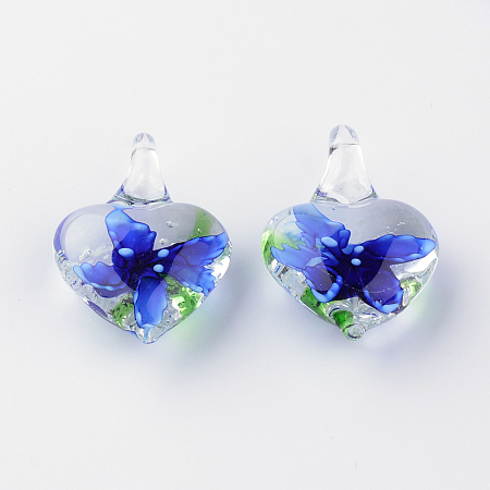 Honeyhandy Handmade Luminous Lampwork Pendants, with Inner Flower, Heart, Blue, 28~33x22~23x11~13mm, Hole: 4~6mm