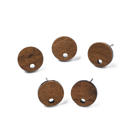 Honeyhandy Walnut Wood Stud Earring Findings, with 316 Stainless Steel Pin and Hole, Flat Round, Tan, 10mm, Hole: 1.6mm, Pin: 0.8mm