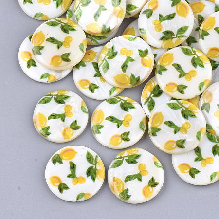 ARRICRAFT Printed Freshwater Shell Beads, Flat Round with lemon Pattern, Gold, 23.5~24.5x2.5~4.5mm, Hole: 0.6~1mm