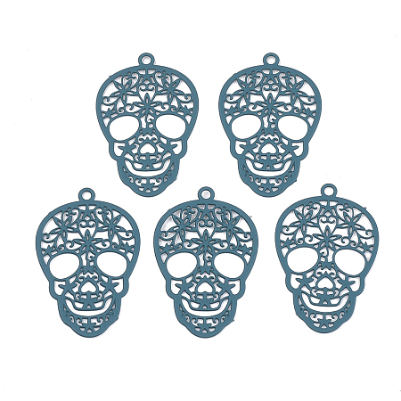 NBEADS 430 Stainless Steel Filigree Pendants, Spray Painted, Etched Metal Embellishments, Skull, CadetBlue, 23x15x0.5mm, Hole: 1.2mm