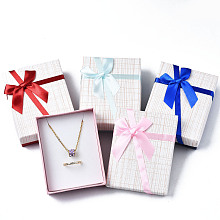 Honeyhandy Cardboard Jewelry Set Box, with Bowknot Ribbon Outside and White Sponge Inside, Rectangle with Tartan Pattern, Mixed Color, 9.2x7.1x3.1cm