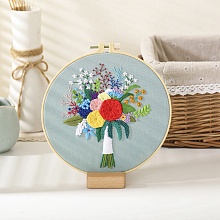 Honeyhandy DIY Bouquet Pattern Embroidery Kit, Including Imitation Bamboo Frame, Iron Pins, Cloth, Colorful Threads, Light Blue, 213x201x9.5mm, Inner Diameter: 183mm