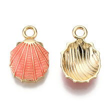 Honeyhandy Alloy Enamel Pendants, Light Gold, Shell/Scallop, Light Coral, 19.5x13x4.5mm, Hole: 2.5mm