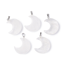 Honeyhandy Natural Quartz Crystal Pendants, Moon Charms, with Platinum Tone Brass Findings, 35x27x10mm, Hole: 10x4mm