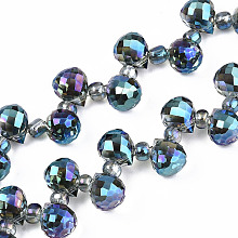 Honeyhandy Transparent Glass Beads Strands, Top Drilled Beads, AB Color Plated, Faceted Teardrop, Dark Cyan, Teardrop: 9.5x8mm, Hole: 0.8mm, Beads: 3~4x2.5~3.5mm, about 100pcs/strand, 23.62 inch(60cm)