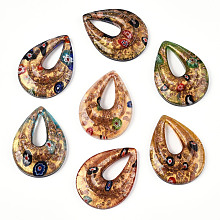 Handmade Gold Sand Lampwork Big Pendants, Inside Millefiori Glass, Teardrop, Mixed Color, 52.5x39x12mm, Hole: 25x10mm