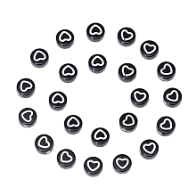 Honeyhandy Craft Style Acrylic Beads, Flat Round with Heart, Black, 7x3.5mm, Hole: 1.5mm, about 4000~4400pcs/500g