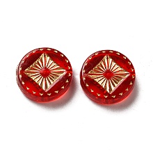 Transparent Acrylic Beads, Golden Metal Enlaced, Flat Round, Red, 15~15.5x4.5mm, Hole: 1.5~1.8mm, about 606pcs/500g