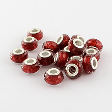 Honeyhandy Large Hole Resin European Beads, with Silver Color Plated Brass Double Cores, Faceted Rondelle, Dark Red, 14x9mm, Hole: 5mm