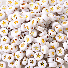 Honeyhandy White Opaque Acrylic Beads, Flat Round with Star, Golden Plated, 7x4mm, Hole: 1.5mm, about 200pcs/bag