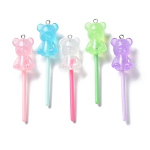 Honeyhandy Luminous Transparent Resin Big Pendants, Glitter Lollipop Charms, Glow in Dark, with Platinum Tone Iron Loops, Mixed Color, Bear, 71x17x15mm, Hole: 2mm