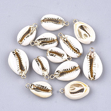 Honeyhandy Electroplate Cowrie Shell Pendants, with Iron Findings, Golden, Golden, 18~24x10~14x6~7mm, Hole: 1.5mm