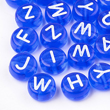 Honeyhandy Transparent Acrylic Beads, Horizontal Hole, Mixed Letters, Flat Round, Blue, 7x4mm, Hole: 1.5mm, about 3700pcs/500g