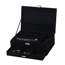 Honeyhandy Velvet & Wood Jewelry Boxes, Portable Jewelry Storage Case, with Alloy Lock, for Ring Earrings Necklace, Rectangle, Black, 27.3x19.5x10.3cm