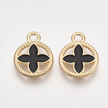 Honeyhandy Alloy Pendants, Cadmium Free & Lead Free, with Enamel, Flat Round with Flower, Light Gold, Black, 16x13x1.5mm, Hole: 2mm