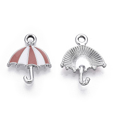 Honeyhandy Alloy Pendants, with Enamel, Platinum, Umbrella, Pink, 19x15.5x3mm, Hole: 2mm