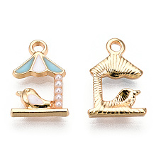 Honeyhandy Light Gold Plated Alloy Charms, with Enamel and ABS Plastic Imitation Pearl, Umbrella with Bird, Light Blue, 14.5x10x2.5mm, Hole: 1.6mm