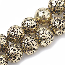 Honeyhandy Electroplated Natural Lava Rock Beads Strands, Round, Light Gold Plated, 8~9mm, Hole: 1mm, about 46pcs/strand, 14.76 inch