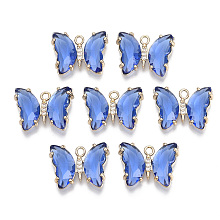 Honeyhandy Glass Pendants, with Micro Pave Cubic Zirconia and Brass Open Back Settings, Faceted, Butterfly, Light Gold, Royal Blue, 15.5x20x4mm, Hole: 1.8mm