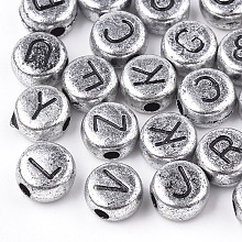 Honeyhandy Acrylic Beads, Horizontal Hole, Mixed Letter, Flat Round, Silver, 7x4mm, Hole: 1mm