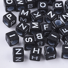 Honeyhandy Opaque Acrylic Beads, Horizontal Hole, Cube with Random Initial Letter, Black, 6x6x6mm, Hole: 3.5mm, about 338pcs/50g