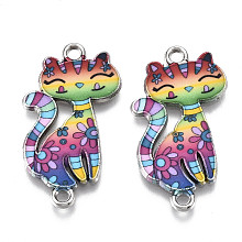 Printed Alloy Kitten Links connectors, with Enamel, Cartoon Cat, Platinum, Colorful, 29.5x16.5x2mm, Hole: 1.8mm