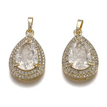 Honeyhandy Golden Plated Brass Micro Pave Clear Cubic Zirconia Pendants, with Glass, Long-Lasting Plated, with Snap on Bails, Teardrop, Clear, 24.5x16x7.5mm, Hole: 3x5mm