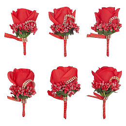 CRASPIRE Set of 6 Red Rose Boutonnieres Groom and Best Man Boutonniere Rose Corsage Men Boutonniere Set for Groom Groomsmen Wedding Prom, Wedding Decoration Flowers