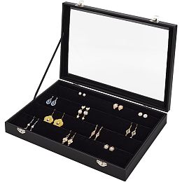 OLYCRAFT Imitation Leather Earring Display Box Black Earring Organizer Case with Velvet Inside Cabinet Earring Collection Display Case with Clear Lid for Earrings Display Storage - 13.8x9.5x1.9 Inch
