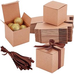 BENECREAT 74 Packs Kraft Gift Candy Box with Brown Ribbon, 2x2x2 Inches Small Gift Boxes for Wedding Decorations Birthday Party Supplies