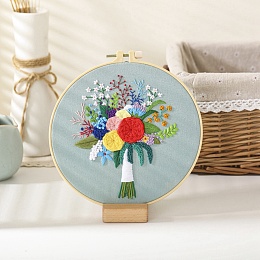 Honeyhandy DIY Bouquet Pattern Embroidery Kit, Including Imitation Bamboo Frame, Iron Pins, Cloth, Colorful Threads, Light Blue, 213x201x9.5mm, Inner Diameter: 183mm