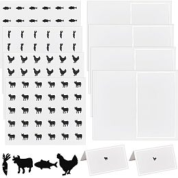 OLYCRAFT 240pcs 4 Styles Black Meal Stickers 0.4 Inch with 60pcs Table Place Card Food Choice Sticker Set Cow/Chicken/Fish/Carrot Wedding Meal Sticker with Blank Table Cards for Wedding Party Supplies