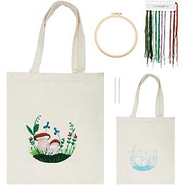 WADORN Canvas Tote Bag Embroidery Kit with Plants Pattern, DIY Canvas Bag Cross Stitch Kit Handmade Sewing Handbag Making Kits Funny Hand Needlepoint Kit Include Hoops Color Threads and Needles, White