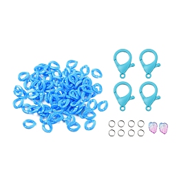 Honeyhandy DIY Masks/Glass Chains Making Kits, 8Pcs 304 Stainless Steel Jump Rings, 80Pcs Acrylic Linking Rings, Leaf Glass Charms and Plastic Lobster Claw Clasps, Dodger Blue, 13.5x10.5x3.5mm, Hole: 1.2mm, 94Pcs/bag