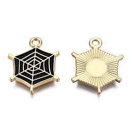 Honeyhandy Light Gold Plated Alloy Pendants, with Enamel, Spider Web, Black, 20x16.5x1.5mm, Hole: 2mm