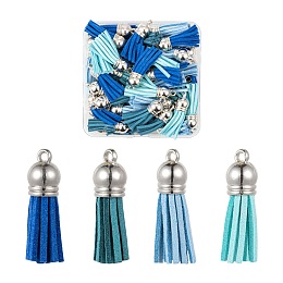 Honeyhandy 60Pcs 4 Colors Faux Suede Tassel Pendant Decorations, with Platinum CCB Plastic Cord Ends, Blue, 33~35x10mm, Hole: 2.5mm, 15pcs/color