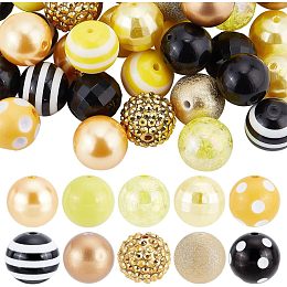 PandaHall Elite 50pcs 20mm Chunk Beads for Pen, 9 Styles Bubblegum Ball Beads Yellow Black Spacer Bead Acrylic Round Loose Beads for Jewelry Bracelet Necklace Pen Bag Chain Making Crafts Supplies