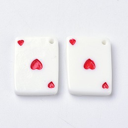 Honeyhandy Resin Pendant, Playing Card Shape with Heart, Red, 21~22x15.5~16.5x2.4~3.5mm, Hole: 1.6mm