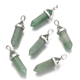 Honeyhandy Natural Green Aventurine Double Terminated Pointed Pendants, with Alloy Findings, Bullet, Platinum, 36~45x12mm, Hole: 3x5mm, Gemstone: 10mm in diameter