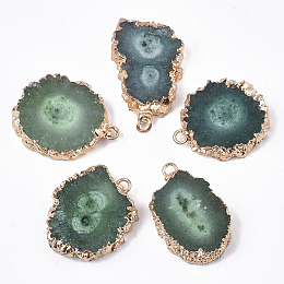 Honeyhandy Natural Druzy Agate Pendants, with Brass Finding, Golden Tone Edge Plated, Dyed, Nuggets, Medium Sea Green, 22~33x18~25x5~7mm, Hole: 1.2~2mm