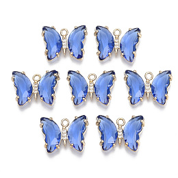 Honeyhandy Glass Pendants, with Micro Pave Cubic Zirconia and Brass Open Back Settings, Faceted, Butterfly, Light Gold, Royal Blue, 15.5x20x4mm, Hole: 1.8mm