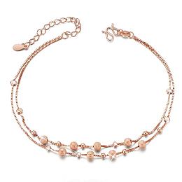 SHEGRACE 925 Sterling Silver Anklet, with Double Chain and Textured Beads, Rose Gold, 8-1/4 inch(210mm)