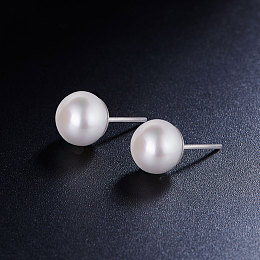 SHEGRACE 925 Sterling Silver Ear Studs, with Freshwater Pearl, Round, White, 8mm