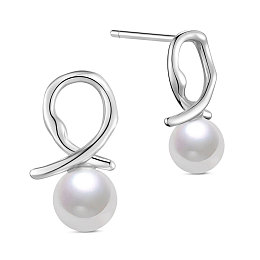 Honeyhandy SHEGRACE Rhodium Plated 925 Sterling Silver Stud Earrings, with Shell Pearl, Platinum, 13.7x8mm