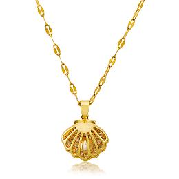 Honeyhandy Seashell Pearl Necklace Clear Cubic Zirconia Shell Cage Dangle Necklace Summer Scallop Choker Charm Titanium Steel Jewelry for Women Beach, Golden, 15.75 inch(40cm)