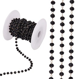 Glass Faceted Rondelle Beaded Chain, Golde Plated Brass Cable Chains, Soldered, with Spool, for Jewelry Making, Black, 4mm, about 16.40 Feet(5m)/Roll