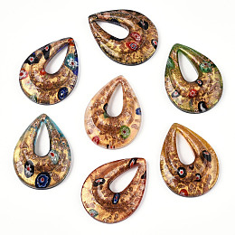 Handmade Gold Sand Lampwork Big Pendants, Inside Millefiori Glass, Teardrop, Mixed Color, 52.5x39x12mm, Hole: 25x10mm