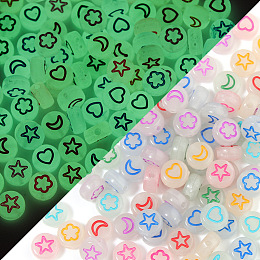 Luminous Translucent Acrylic Beads, with Enamel, Glow In The Dark, Flat Round with Heart & Star & Moon, Mixed Color, 7x3.6mm, Hole: 1.3mm, 100pcs/bag