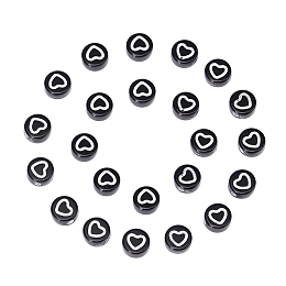 Honeyhandy Craft Style Acrylic Beads, Flat Round with Heart, Black, 7x3.5mm, Hole: 1.5mm, about 4000~4400pcs/500g